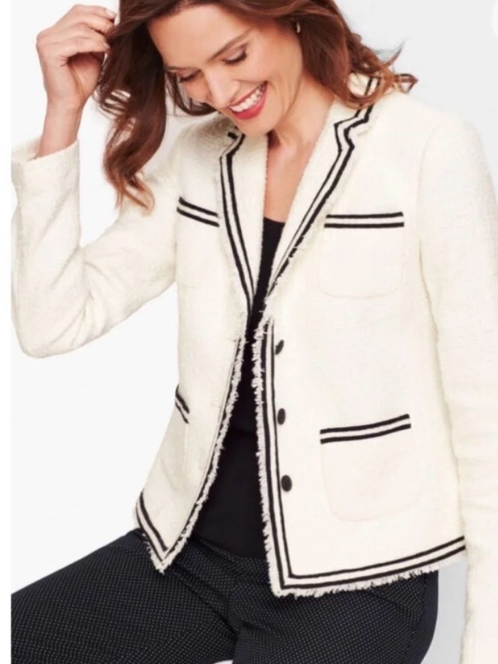 NWT! Talbots Cream Tweed Blazer with Black Trim - Picture 2 of 12